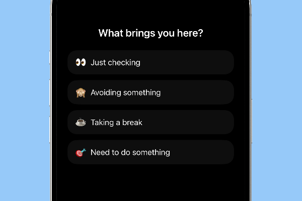 The Phoneless Garden pause screen showing a calm interface with the question What brings you here?